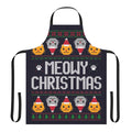 A yellow and green cat-themed apron with an ugly Christmas sweater print, featuring holiday elements like gingerbread men, Santa hats, and snowflakes.