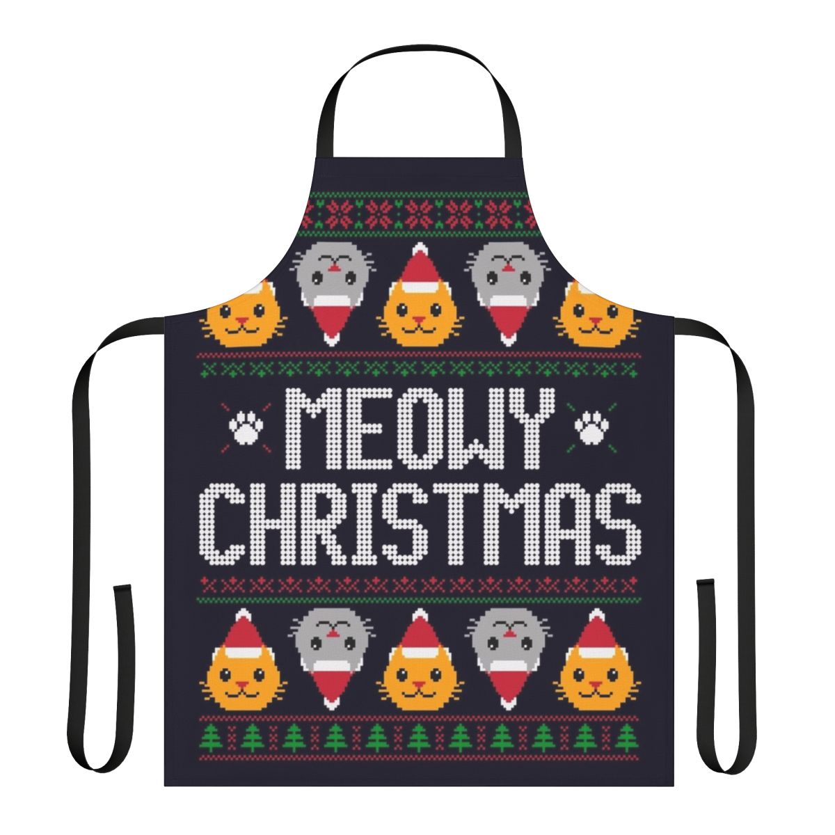 A yellow and green cat-themed apron with an ugly Christmas sweater print, featuring holiday elements like gingerbread men, Santa hats, and snowflakes.