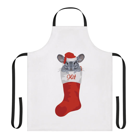 A personalized apron featuring a cute chinchilla design, perfect for holiday cooking and baking.