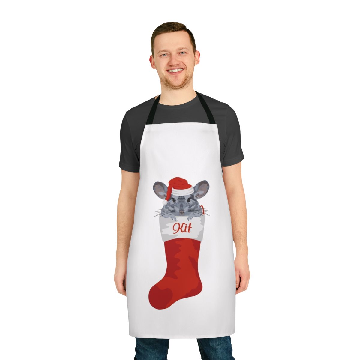 A personalized apron featuring a cute chinchilla design, perfect for holiday cooking and baking.