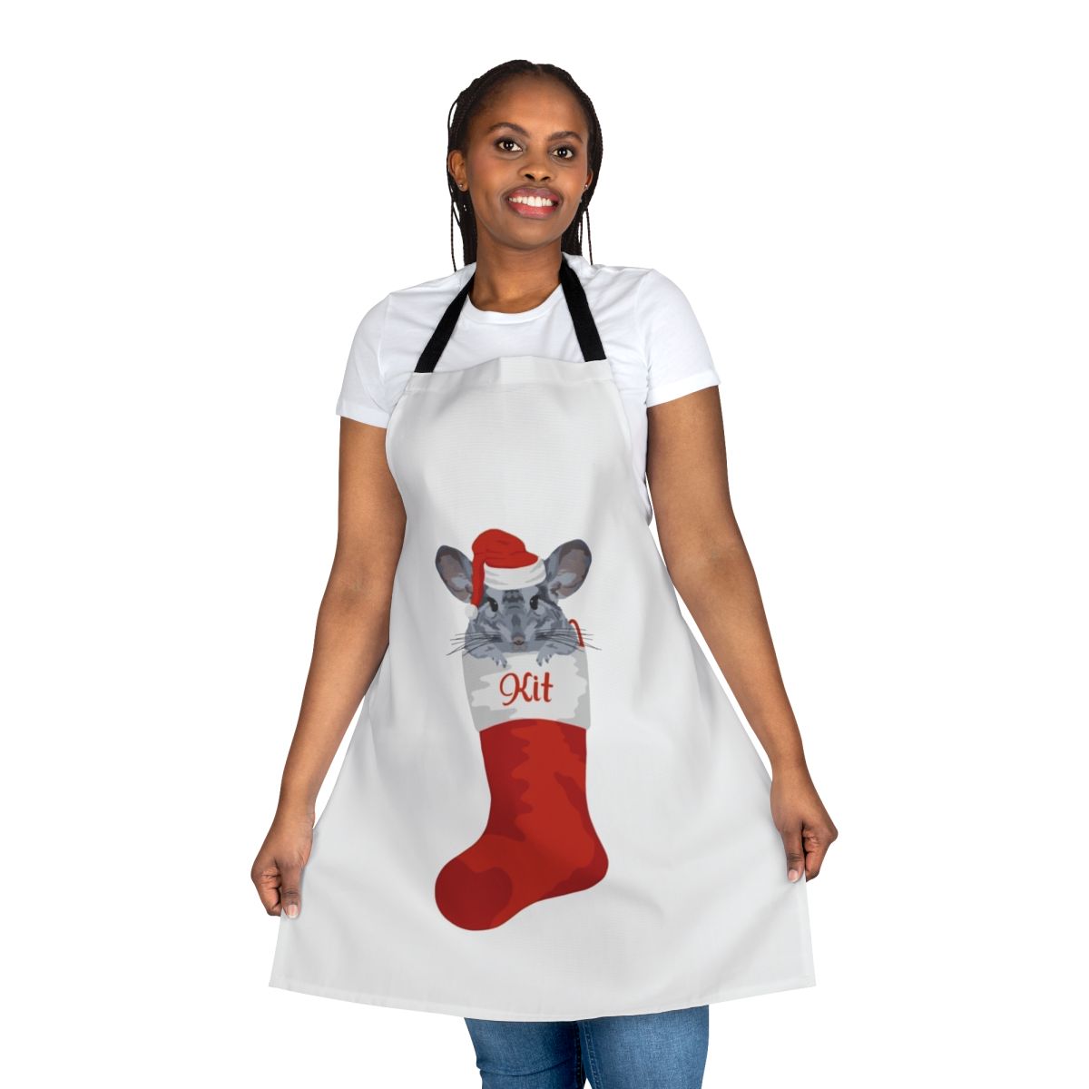 A personalized apron featuring a cute chinchilla design, perfect for holiday cooking and baking.