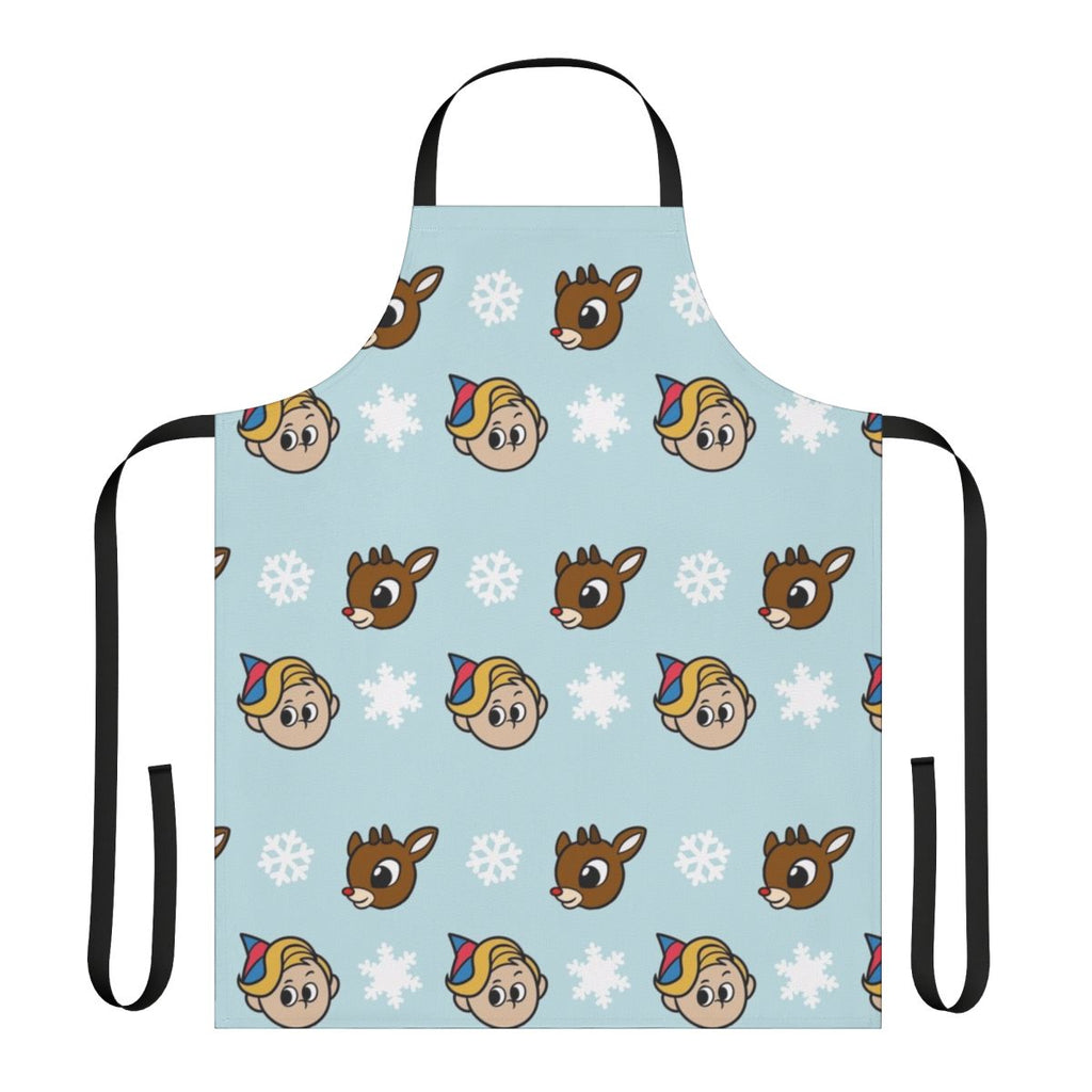 A cheerful Christmas apron featuring Rudolph the Red-Nosed Reindeer and other iconic characters from the classic Rankin/Bass holiday special.