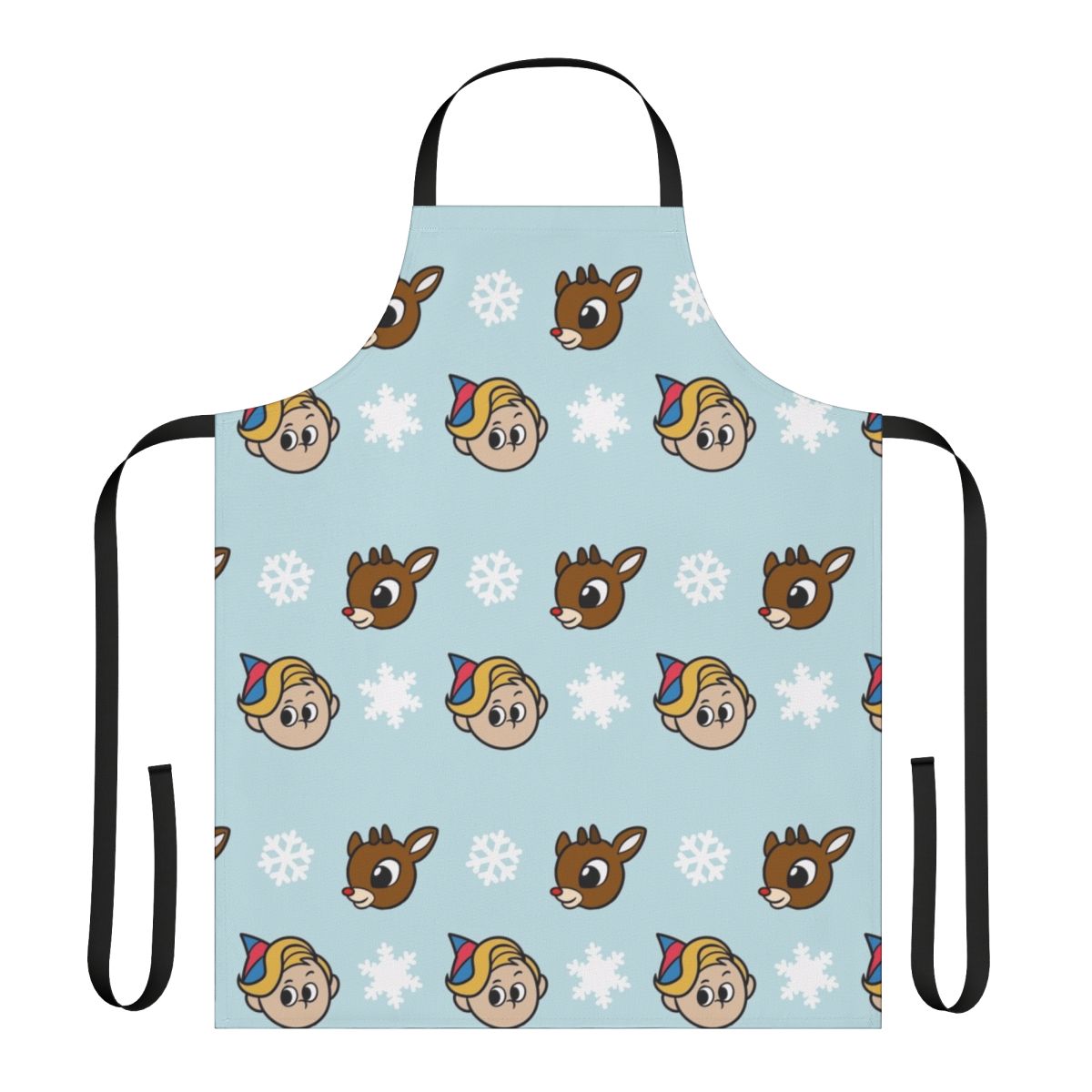 A cheerful Christmas apron featuring Rudolph the Red-Nosed Reindeer and other iconic characters from the classic Rankin/Bass holiday special.