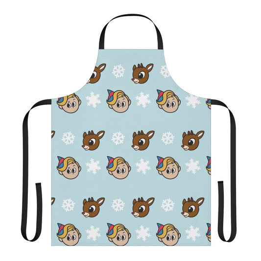 A cheerful Christmas apron featuring Rudolph the Red-Nosed Reindeer and other iconic characters from the classic Rankin/Bass holiday special.
