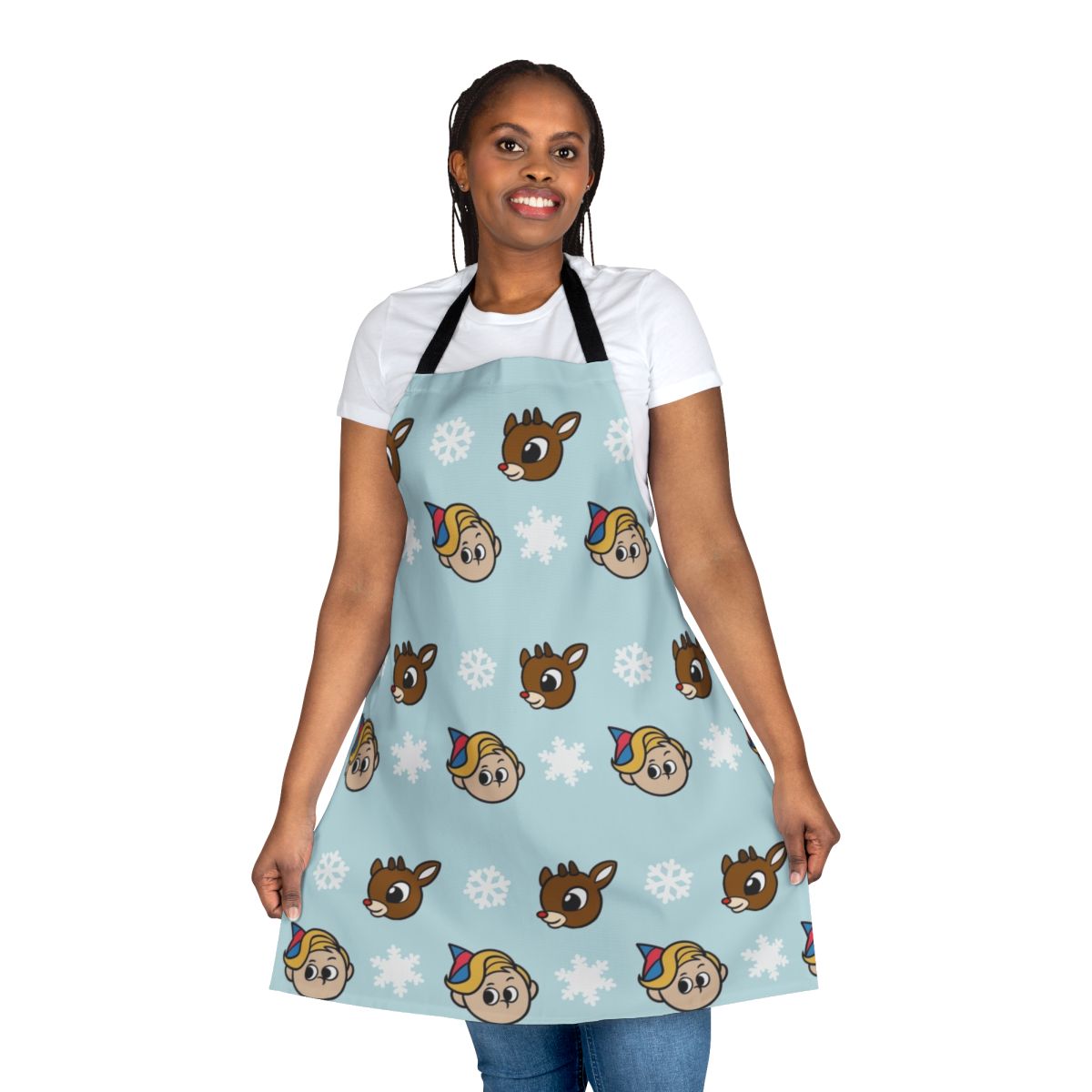 A cheerful Christmas apron featuring Rudolph the Red-Nosed Reindeer and other iconic characters from the classic Rankin/Bass holiday special.
