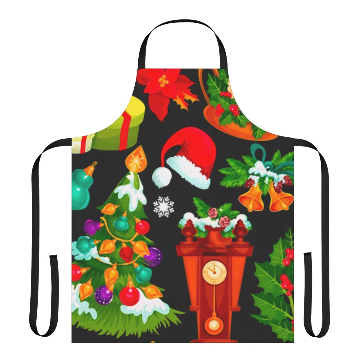 Colorful Christmas-themed apron with Santa, snowflakes, and holiday graphics
