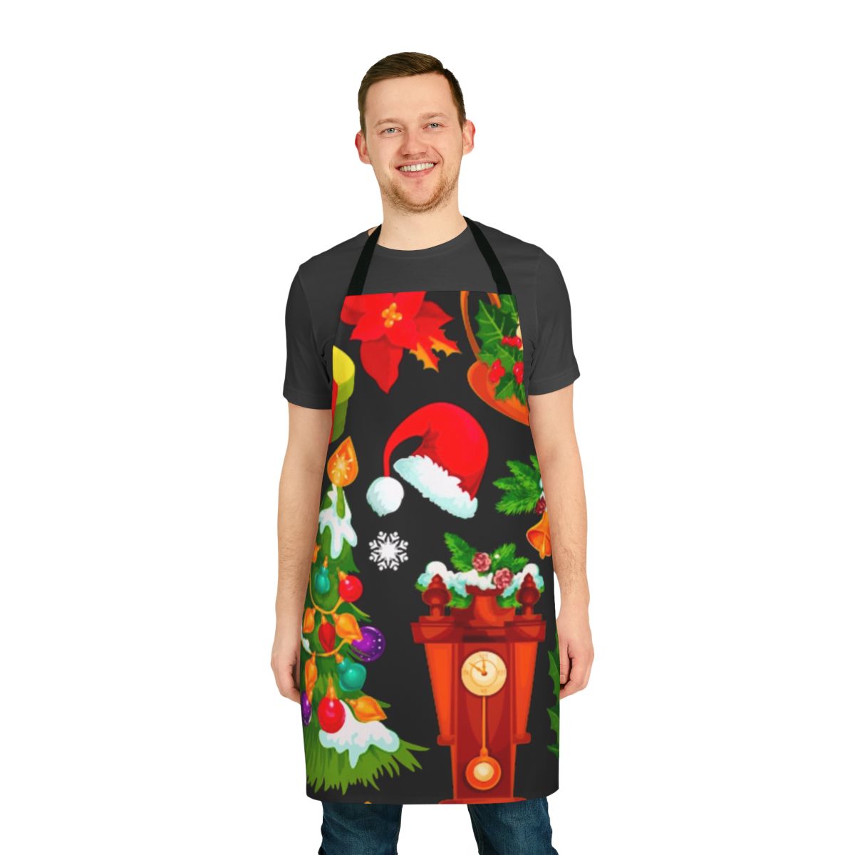 Colorful Christmas-themed apron with Santa, snowflakes, and holiday graphics