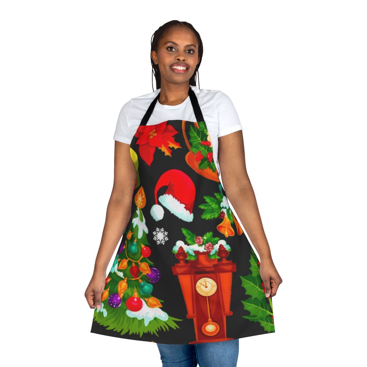 Colorful Christmas-themed apron with Santa, snowflakes, and holiday graphics