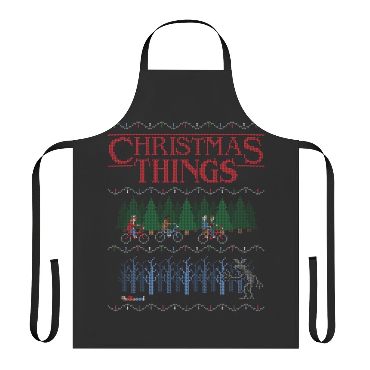 A colorful and cozy Christmas apron with a festive holiday sweater design