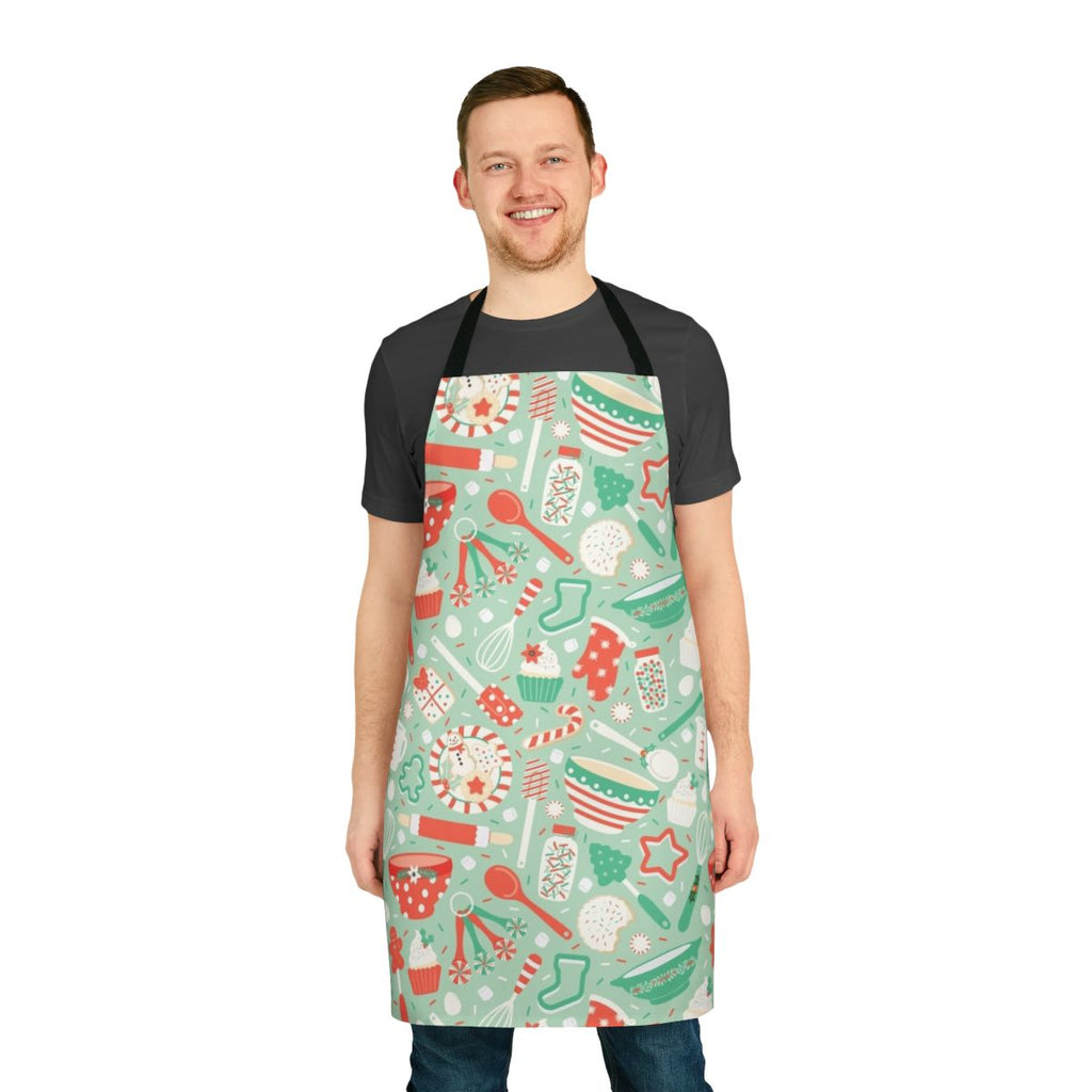 Christmas baking apron with holiday-themed designs and patterns