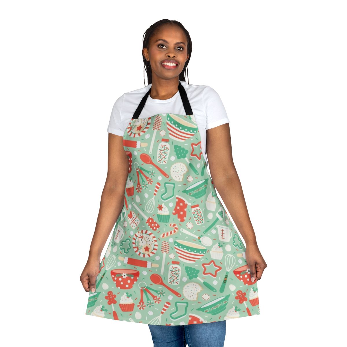 Christmas baking apron with holiday-themed designs and patterns