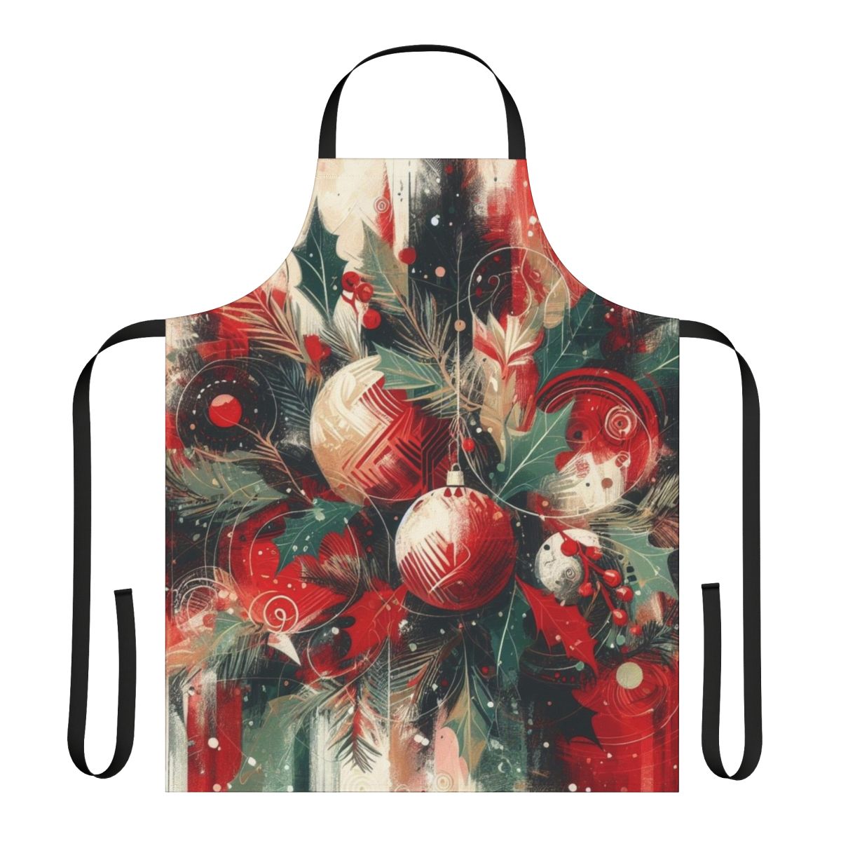 A vibrant apron with holiday-themed designs, perfect for celebrating the Christmas season.