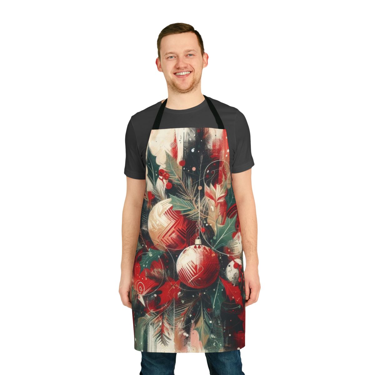 A vibrant apron with holiday-themed designs, perfect for celebrating the Christmas season.