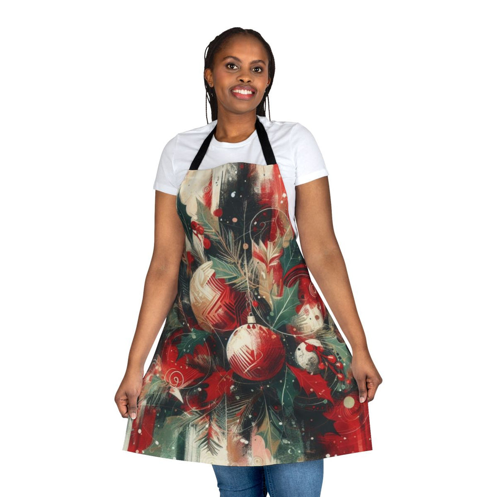 A vibrant apron with holiday-themed designs, perfect for celebrating the Christmas season.