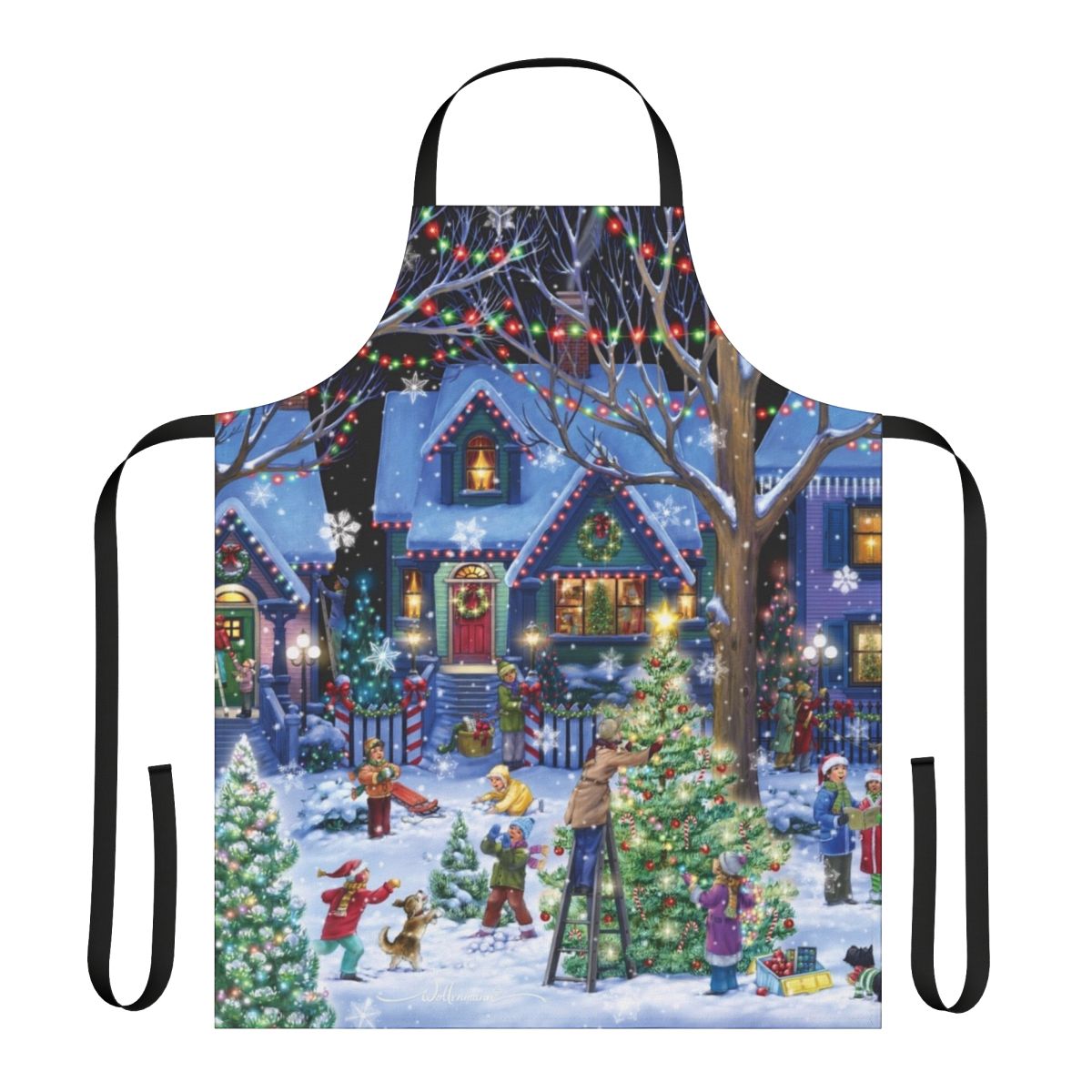 A cheerful apron featuring illustrations of Christmas trees, snowflakes, and holiday characters for a cozy, festive look.
