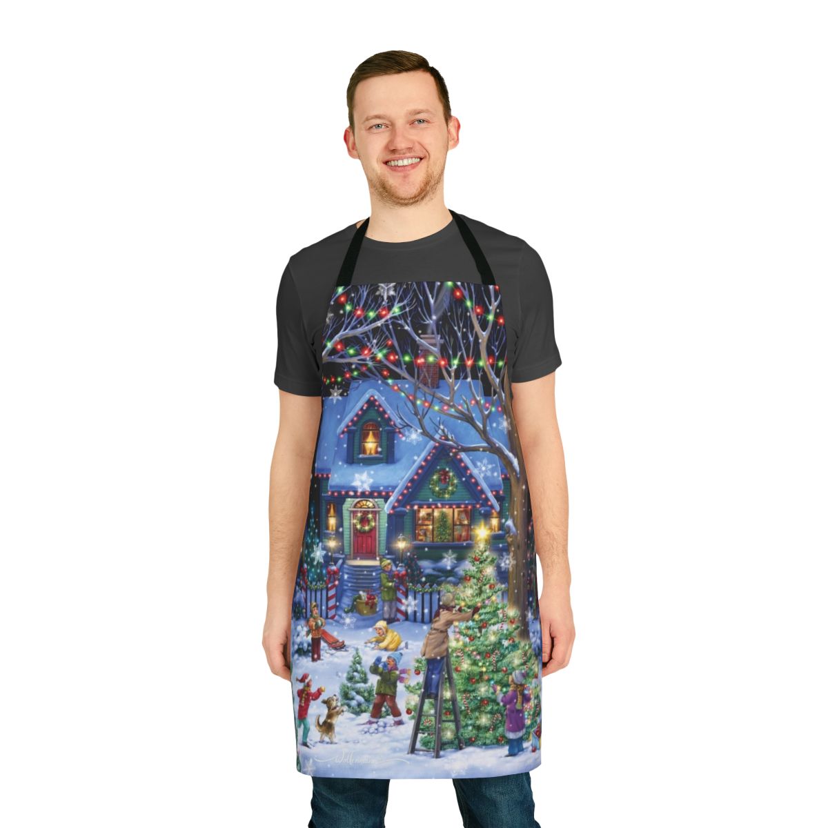 A cheerful apron featuring illustrations of Christmas trees, snowflakes, and holiday characters for a cozy, festive look.