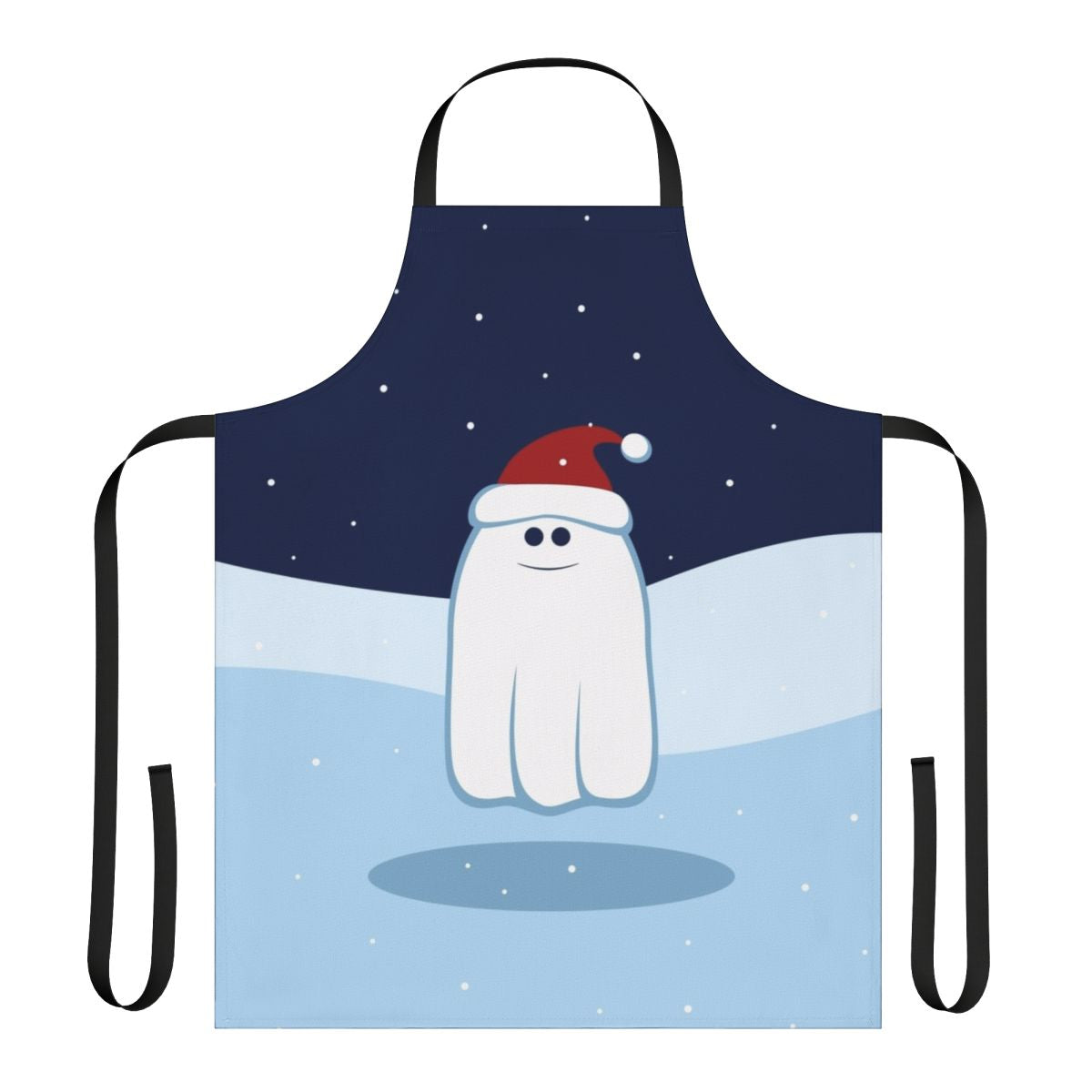 Charming cartoon ghost apron in a winter wonderland setting, perfect for holiday baking and entertaining.