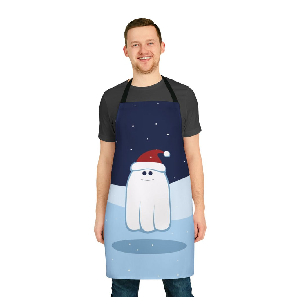 Charming cartoon ghost apron in a winter wonderland setting, perfect for holiday baking and entertaining.