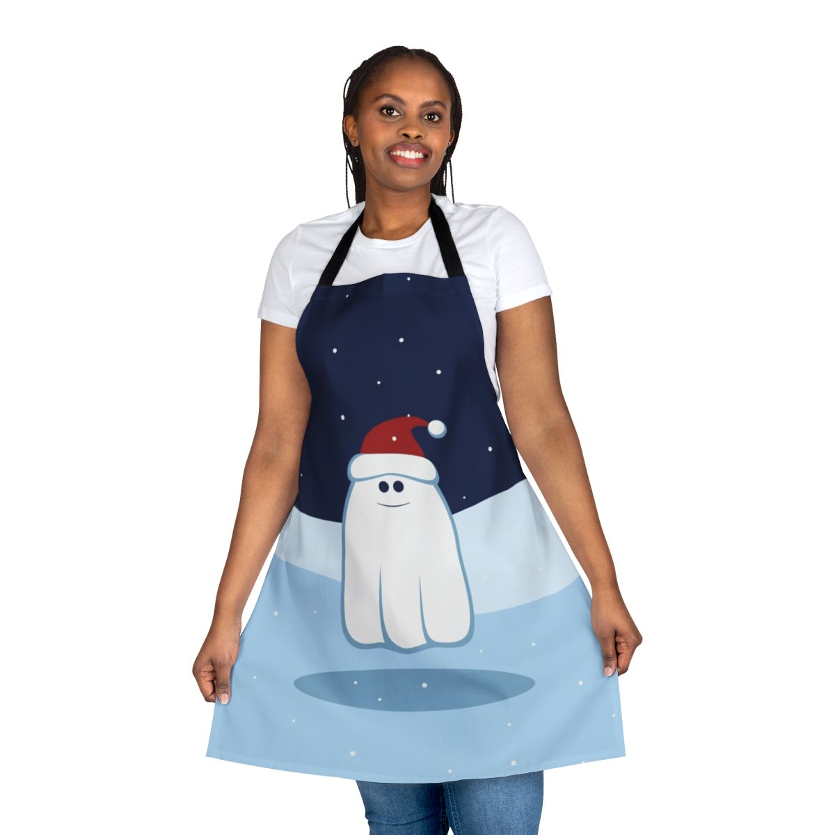 Charming cartoon ghost apron in a winter wonderland setting, perfect for holiday baking and entertaining.