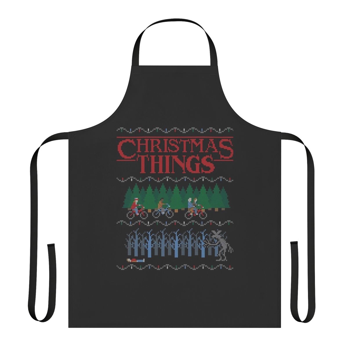 A festive Christmas-themed apron with a Stranger Things inspired design.