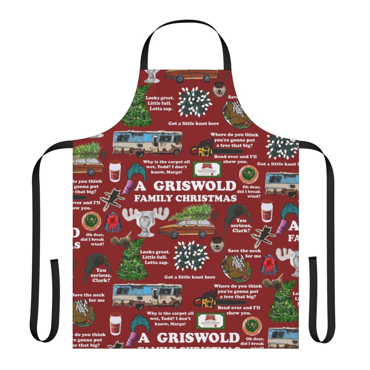 Apron featuring collage of characters and quotes from the classic holiday comedy movie National Lampoon's Christmas Vacation.