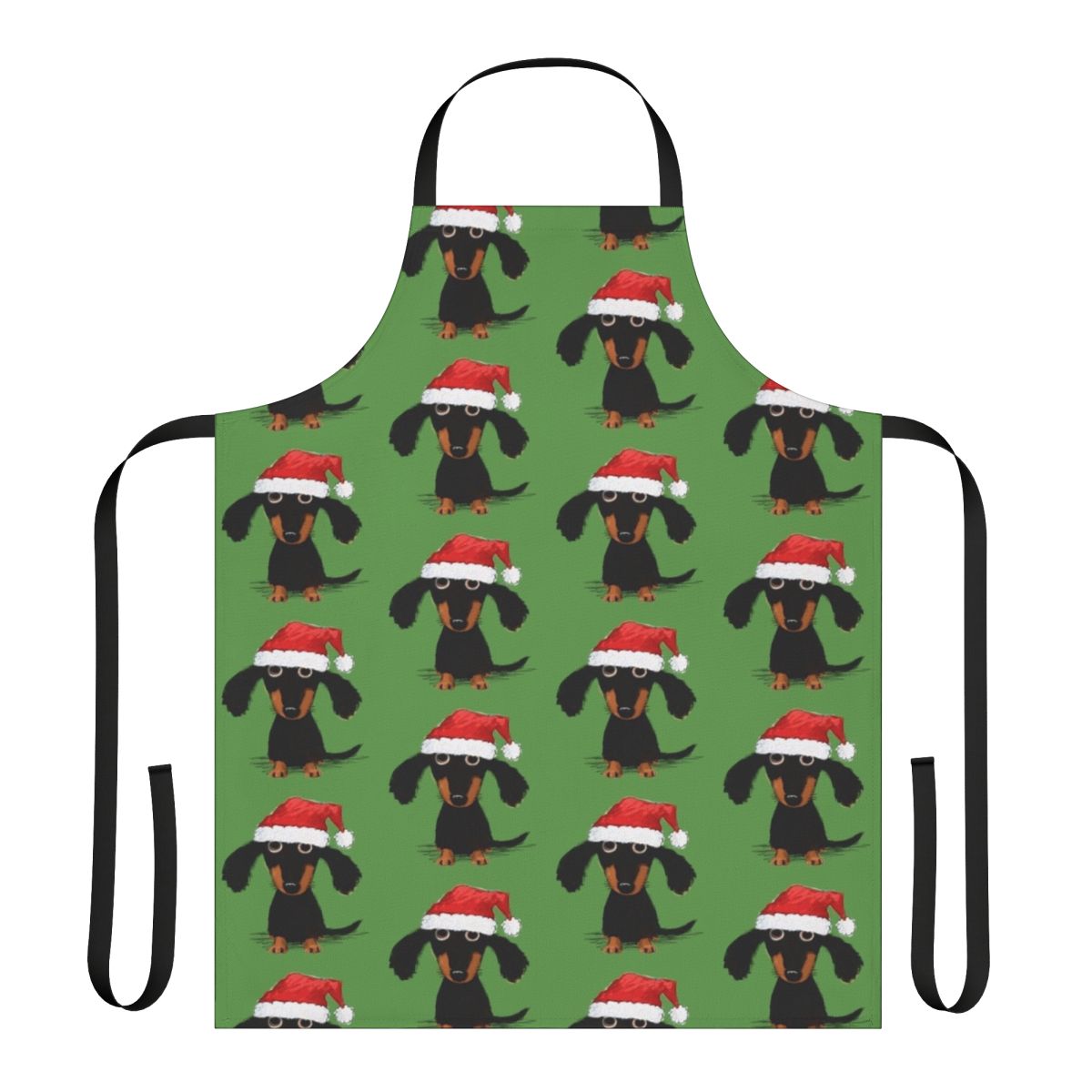 A fun and festive dachshund apron featuring a Santa-dressed wiener dog design.