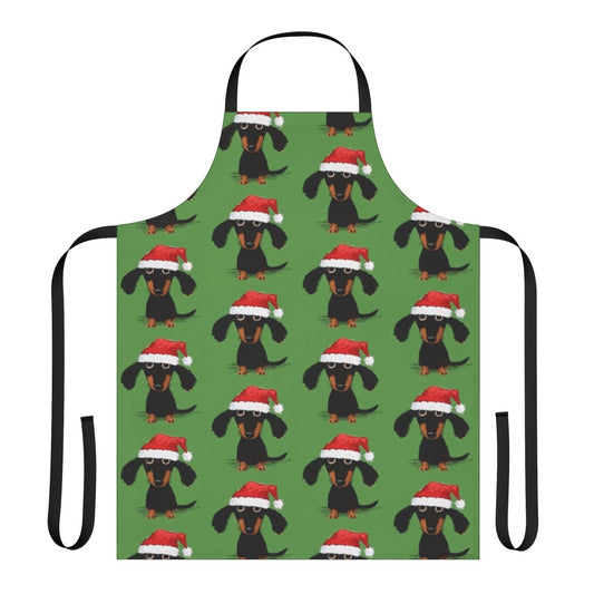 A fun and festive dachshund apron featuring a Santa-dressed wiener dog design.