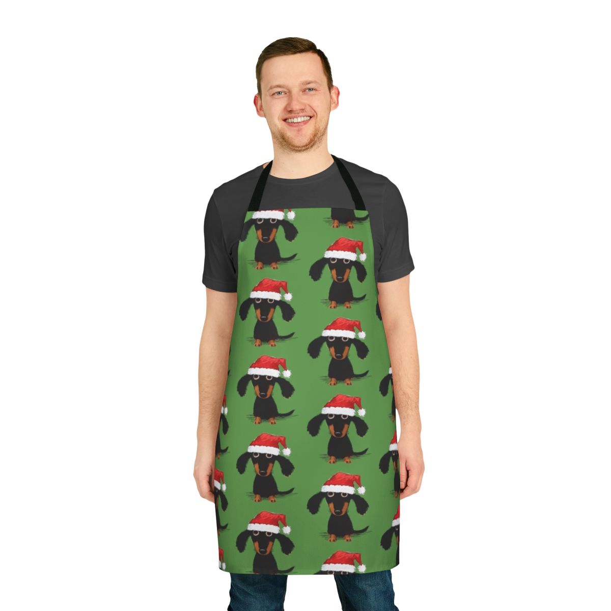 A fun and festive dachshund apron featuring a Santa-dressed wiener dog design.