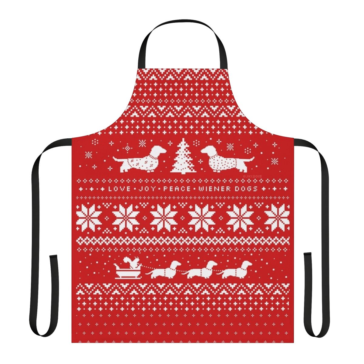 Dachshund wearing a Christmas sweater pattern on an apron