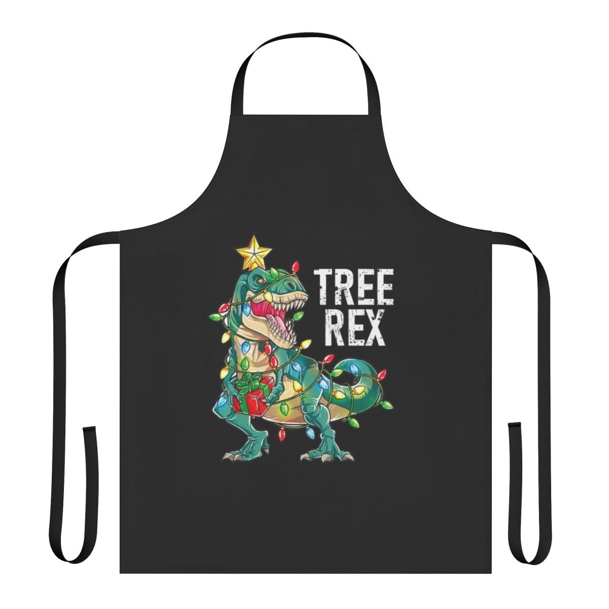 A festive apron featuring a Christmas-themed dinosaur tree rex design