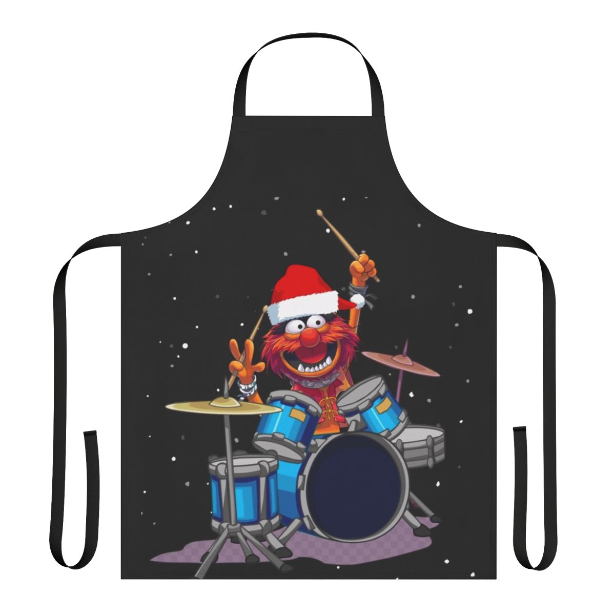 A whimsical apron featuring a Muppet-inspired animal drummer design, perfect for the holiday season.