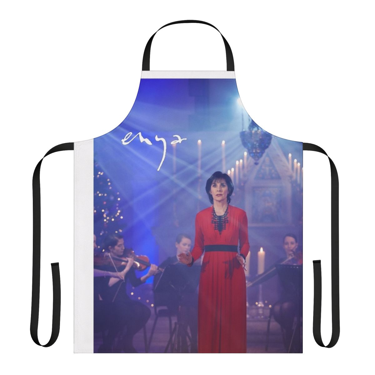 Enya-themed Christmas apron with winter and music design