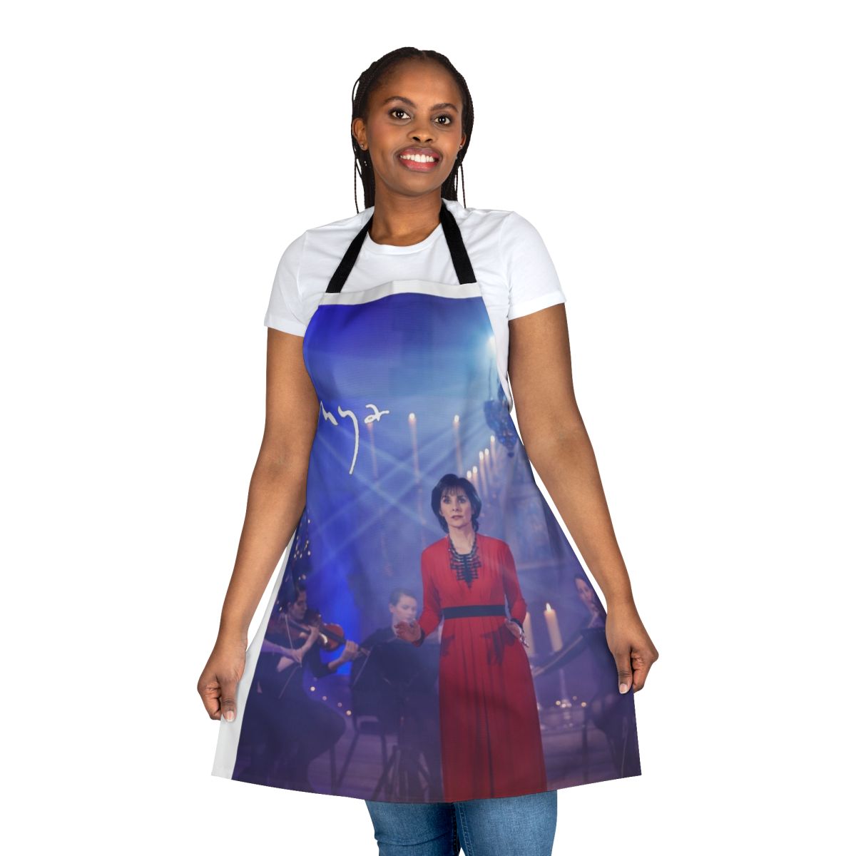 Enya-themed Christmas apron with winter and music design