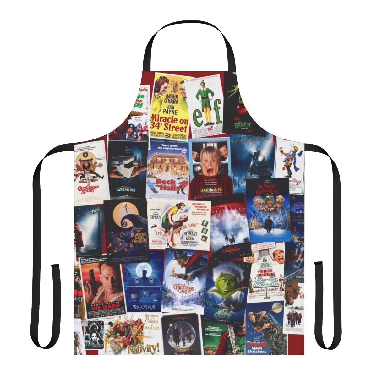 Festive apron featuring a collage of iconic Christmas movie scenes and characters