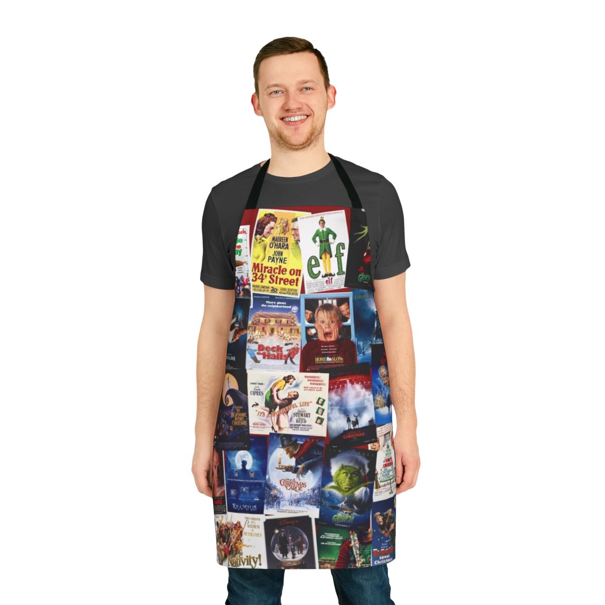 Festive apron featuring a collage of iconic Christmas movie scenes and characters