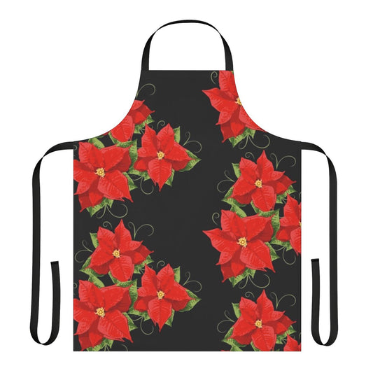 Festive poinsettia-themed Christmas apron with colorful, blooming flowers and leaves