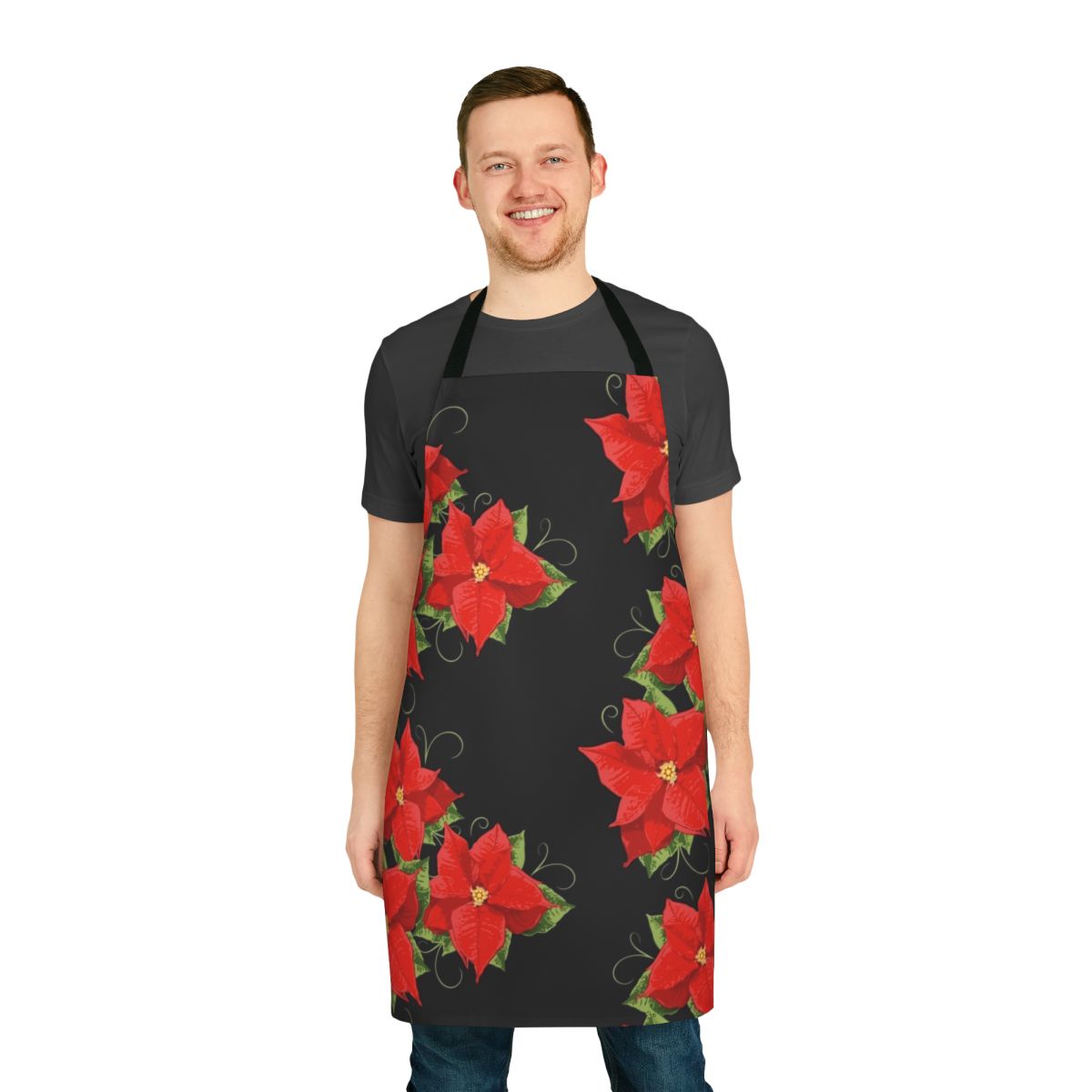 Festive poinsettia-themed Christmas apron with colorful, blooming flowers and leaves