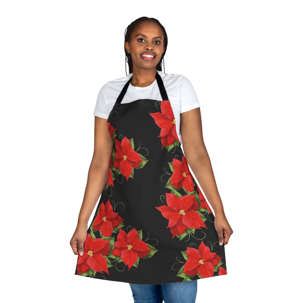 Festive poinsettia-themed Christmas apron with colorful, blooming flowers and leaves