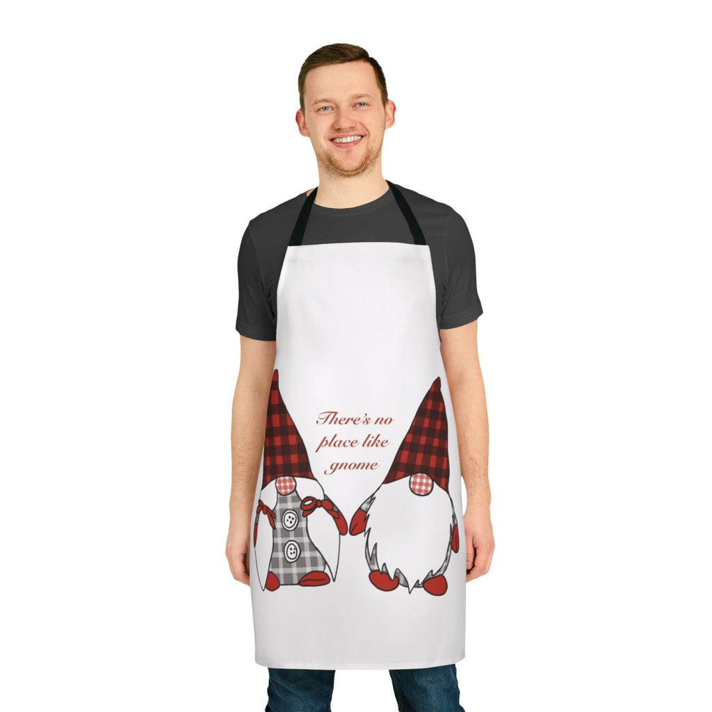 Whimsical gnome-themed apron in red, green, and white colors