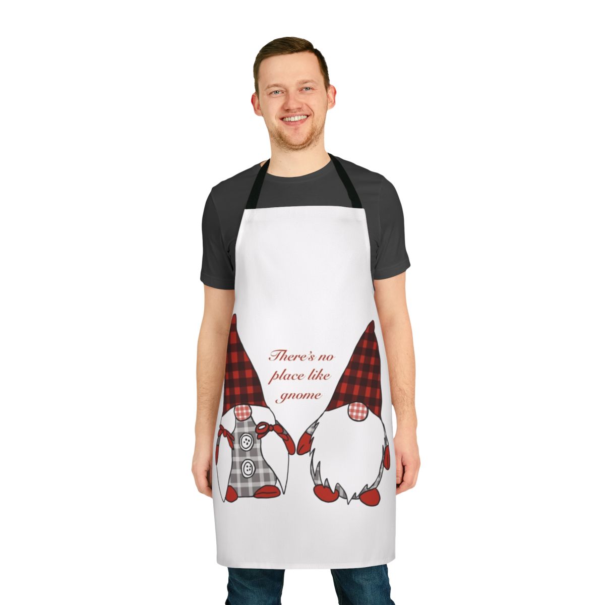 Whimsical gnome-themed apron in red, green, and white colors
