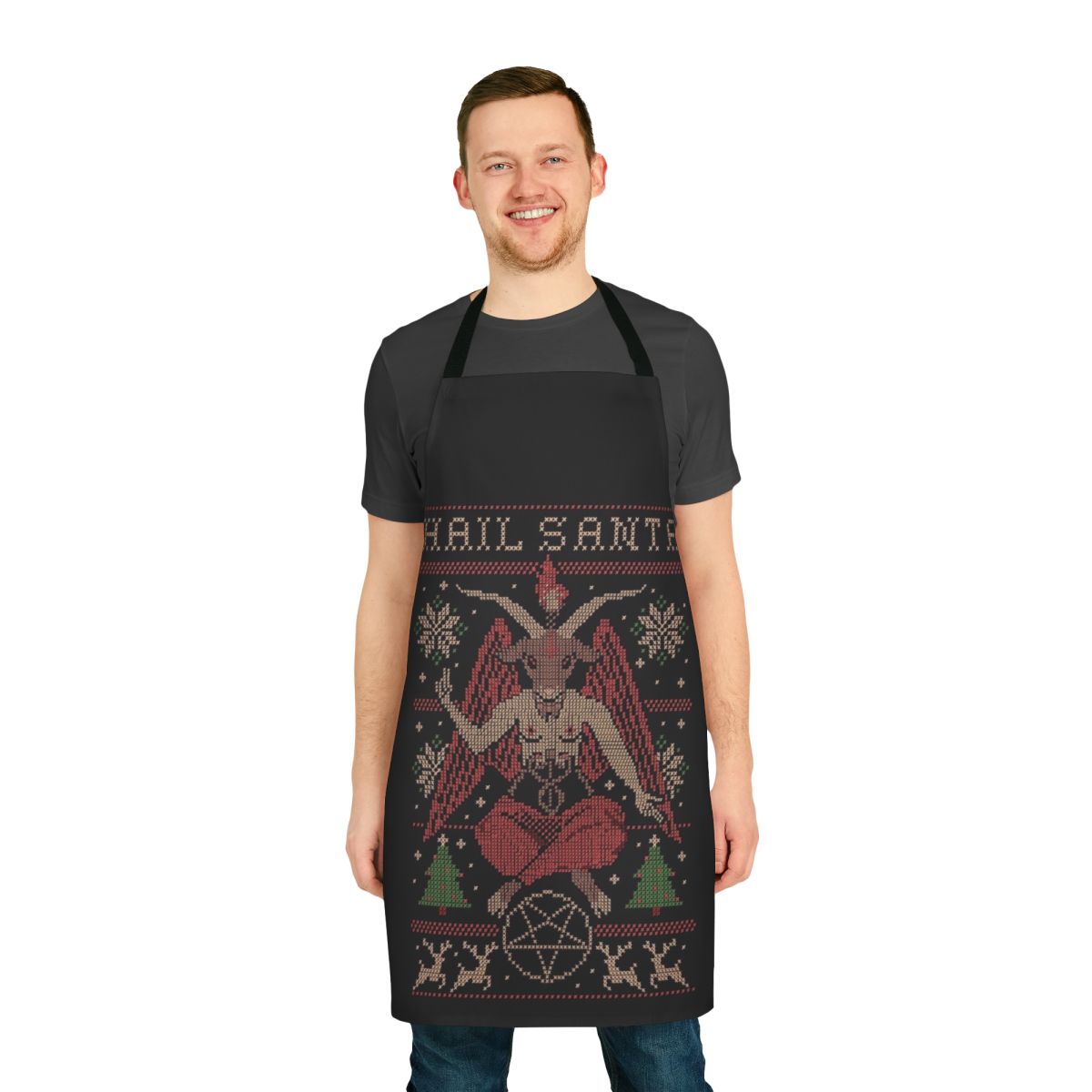 Hail Santa - A festive handmade apron featuring a pixel art design of Santa Claus in a holiday setting