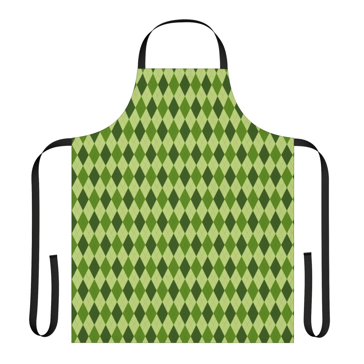 Closeup of a classic green argyle pattern apron with Irish-inspired colors