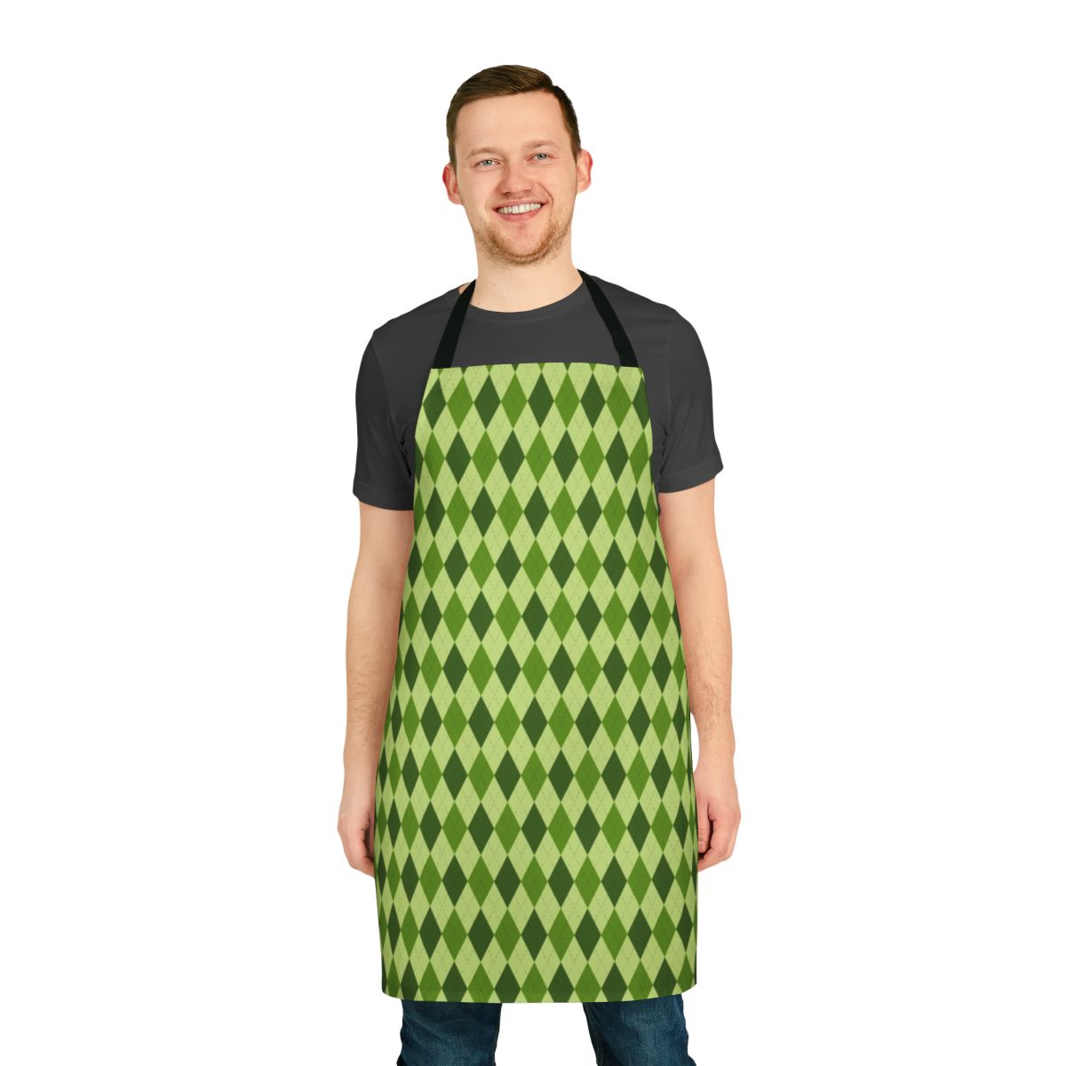 Closeup of a classic green argyle pattern apron with Irish-inspired colors