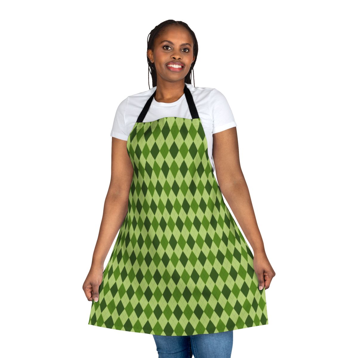 Closeup of a classic green argyle pattern apron with Irish-inspired colors