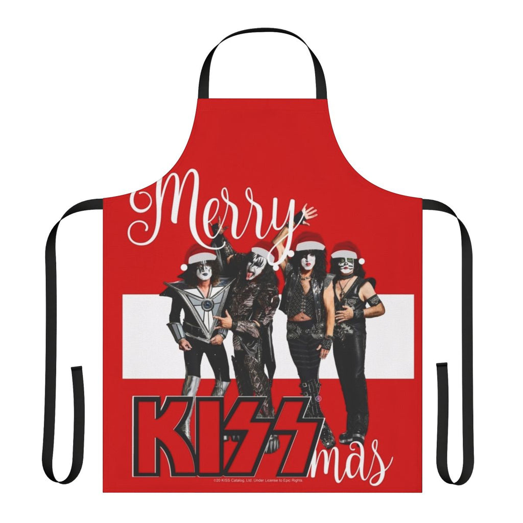 A red and black apron with a "Merry Kissmas 2020" design, featuring the iconic KISS band logo
