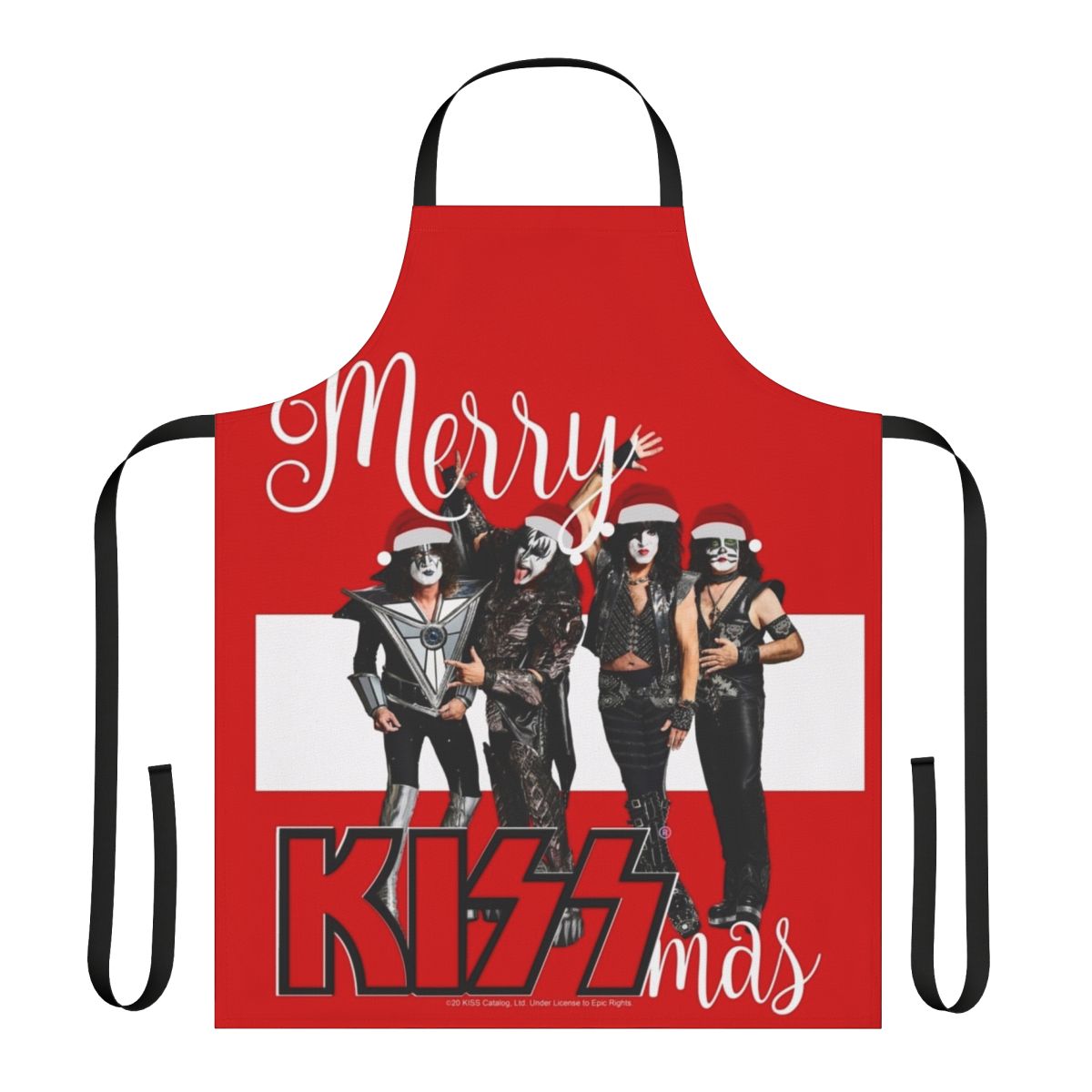 A red and black apron with a "Merry Kissmas 2020" design, featuring the iconic KISS band logo