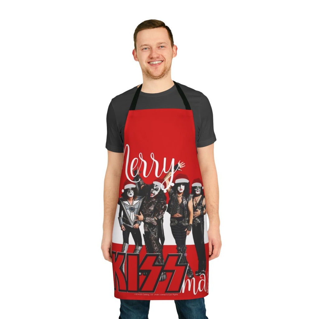 A red and black apron with a "Merry Kissmas 2020" design, featuring the iconic KISS band logo
