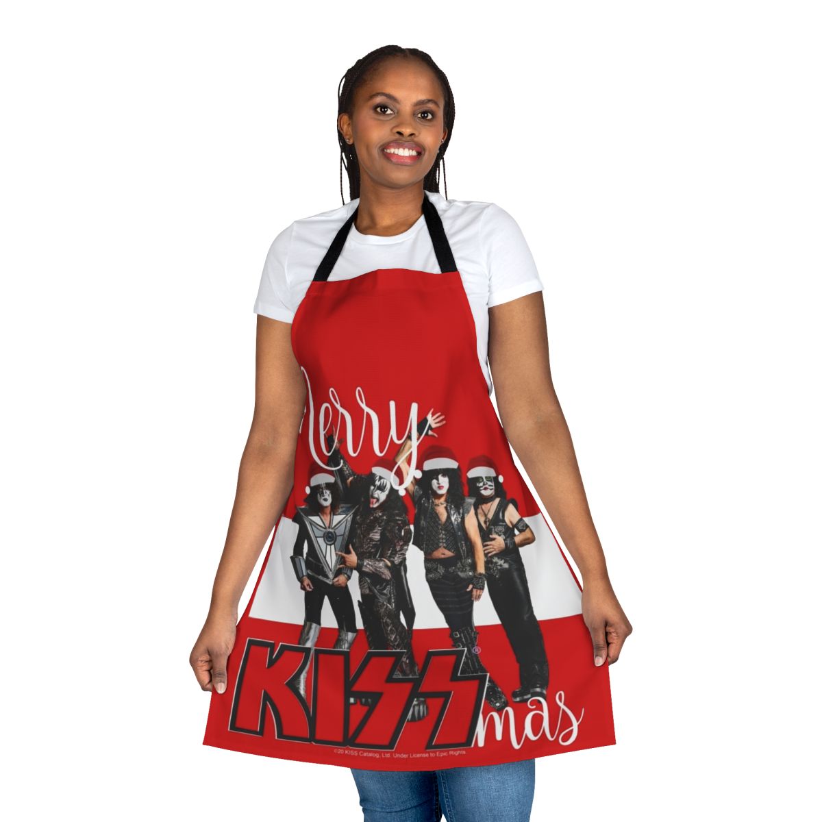 A red and black apron with a "Merry Kissmas 2020" design, featuring the iconic KISS band logo