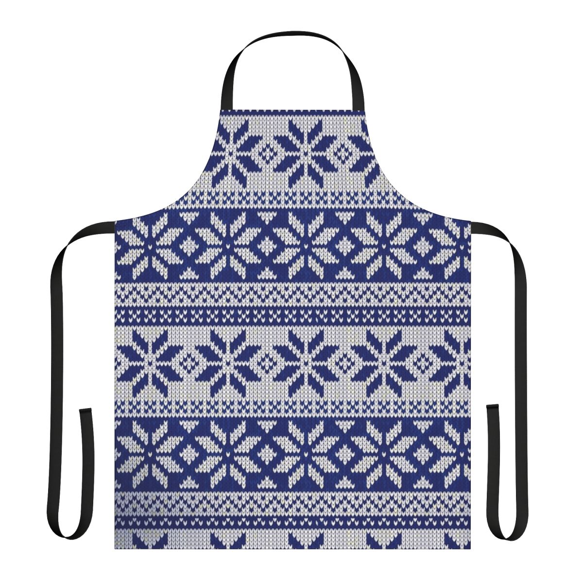 A cozy, knit Christmas apron featuring a festive sweater pattern design.