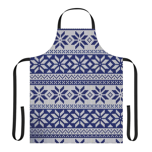 A cozy, knit Christmas apron featuring a festive sweater pattern design.